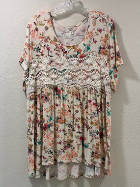 BORN FAMOUS Ivory Floral Knit Crochet Lace Short Sleeve Tunic/Mini Women 2X